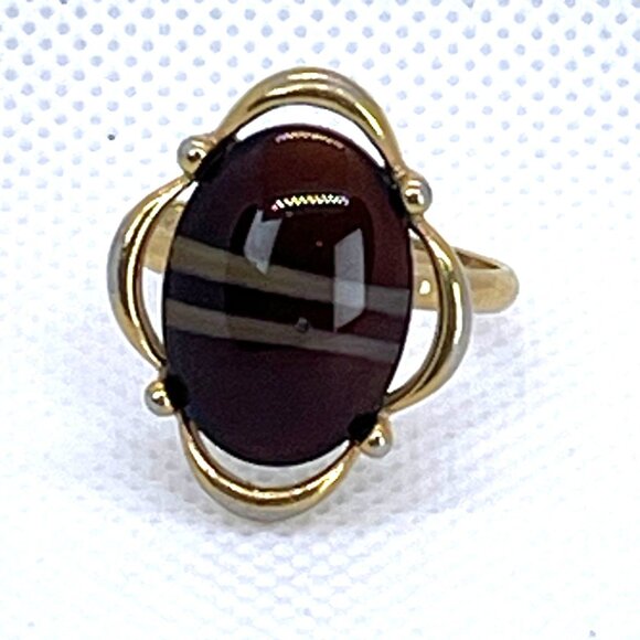 Sarah Coventry Brown Faux Tiger Eye Adjustable Gold-Tone Ring Size 7.25 Vintage - Picture 10 of 10
